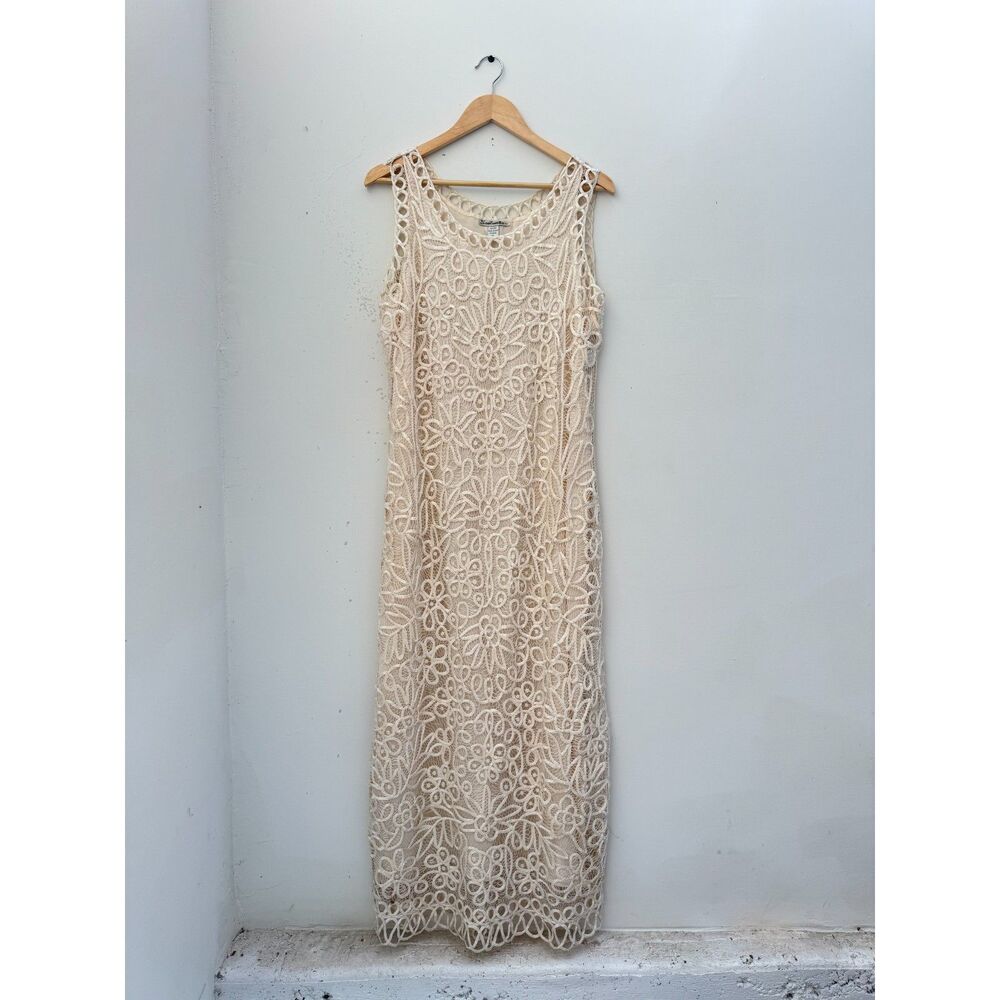 Vintage Soulmates XL 100% Silk Beaded Crochet Lace Maxi Dress Ivory